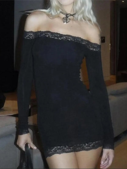 Rockmore Women's Lace Off Shoulder Bodycon Dress Elegant Long Sleeve Mini Dress for Party Club Dating Ladies Spring Fall Clothes black