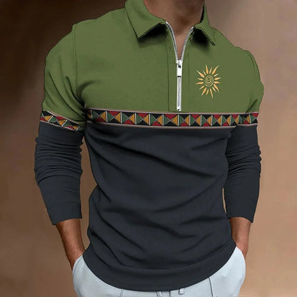 Retro Color Block Men's Polo - Stylish Long Sleeve Golf Shirt with Zipper