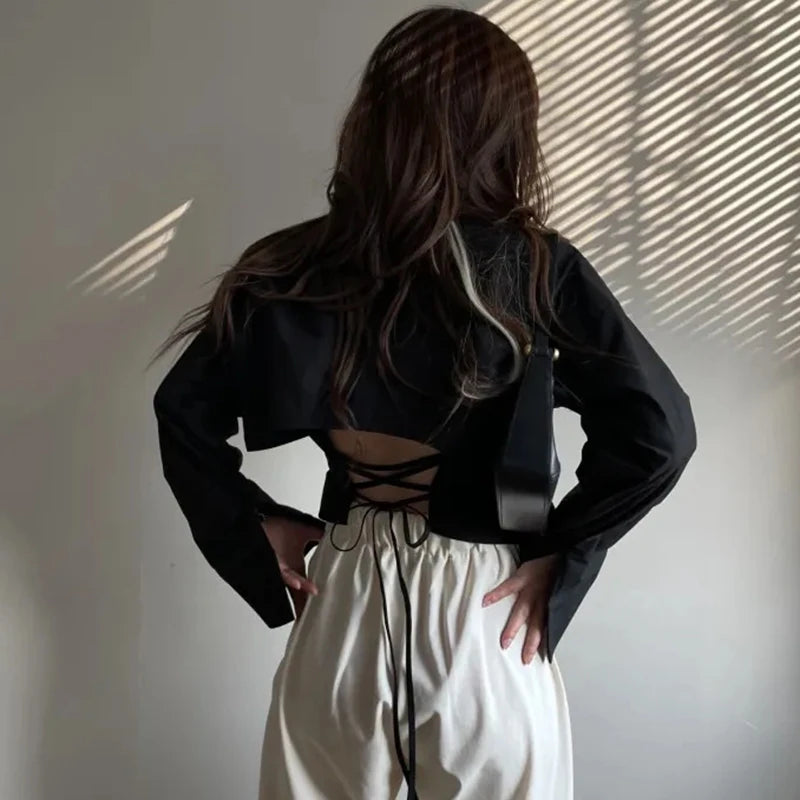 Gidyq Korean Bandage Shirt Women Fashion Backless Sexy Blouse Office Ladies Casual Slim Chic Turn Down Collar Long Sleeve Tops