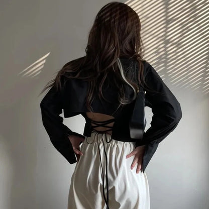 Gidyq Korean Bandage Shirt Women Fashion Backless Sexy Blouse Office Ladies Casual Slim Chic Turn Down Collar Long Sleeve Tops