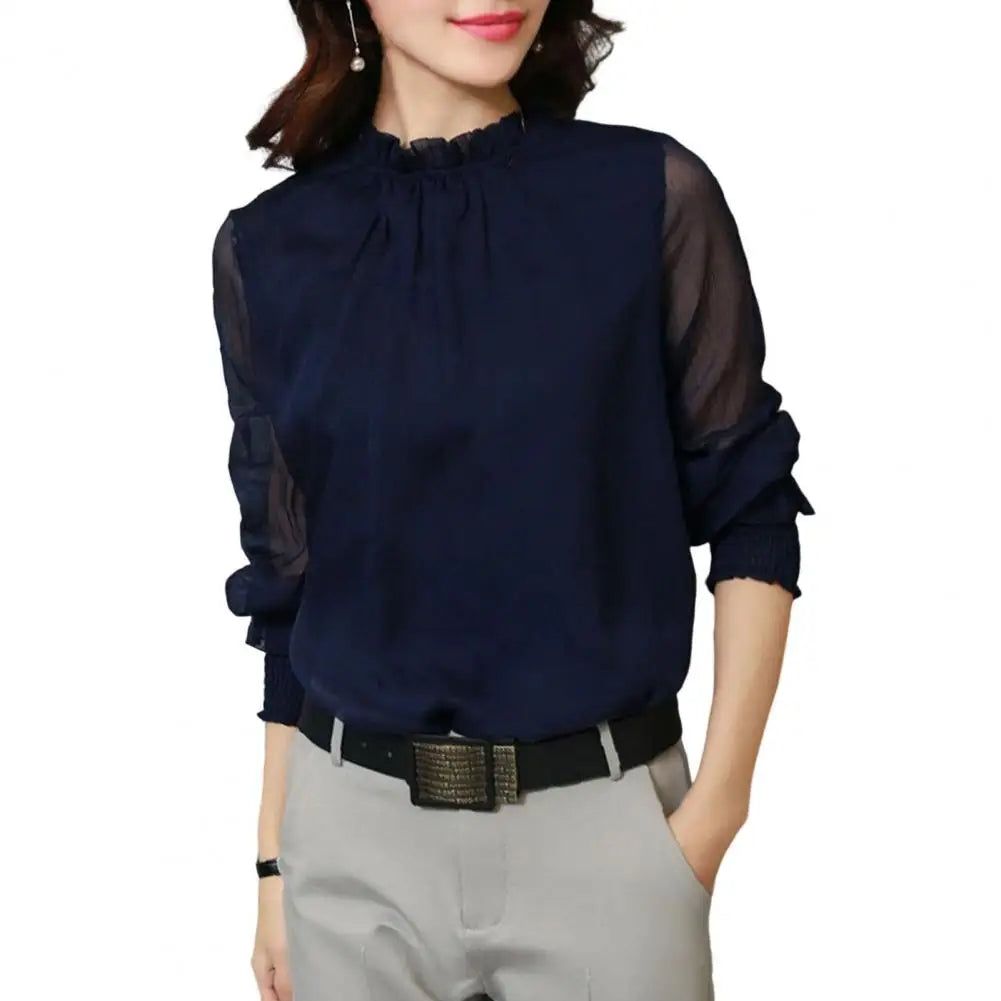Perspective Net Mesh Sleeve Office Shirt Top Elastic Cuffs Women Shirt Elegant Ruffle Collar Blouse Solid Color Chiffon Shirt Navy Blue