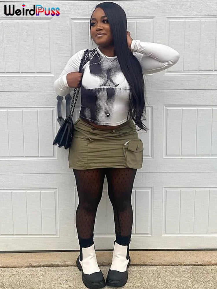 Weird Puss Sexy Print Women Crop Top Long Sleeve O Neck 2023 SpringTrend Skinny Wild Stretchy Vintage Midnight Streetwear Tees