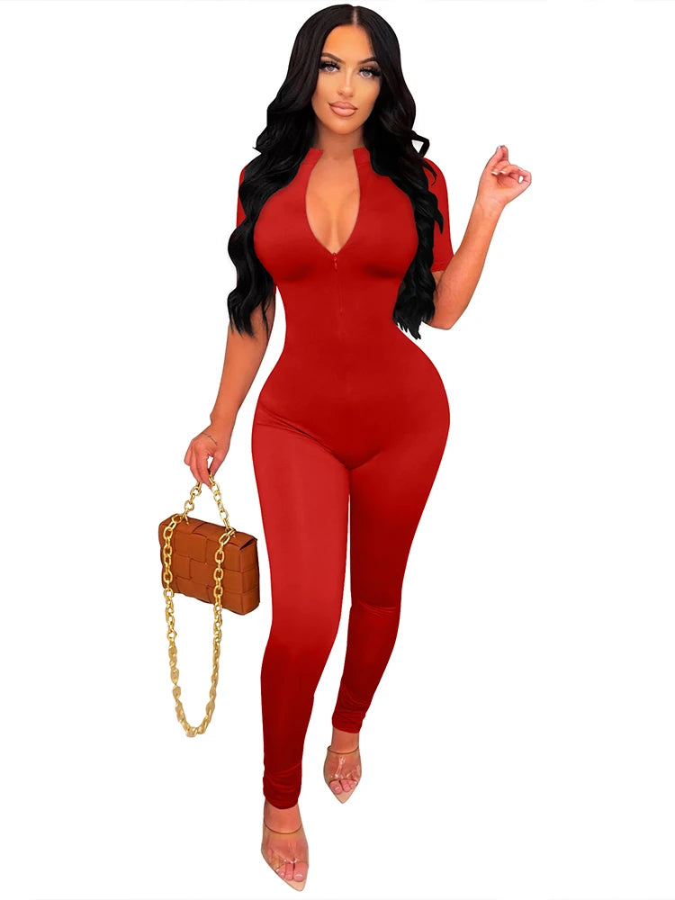 New Autumn and Winter Short Sleeve V Neck Bodycon Jumpsuit Full Lengt Rompers Women Jumpsuits Badiee Stylez
