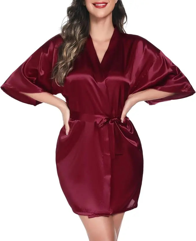Womens Kimono Robes Dressing Gown Satin Bathrobe Nightdress Short Style Bridal Robe As the photo show 9