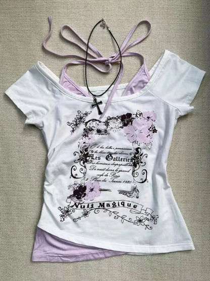 Retro Floral Print Fake Two-piece Short-sleeved T-shirt Women Y2K Millennial Hot Girl Sweet Slim Harajuku Street Casual Top 3