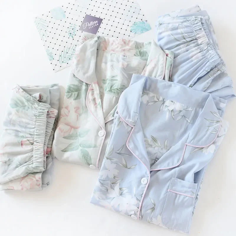 Japanese style new spring and summer women's pajamas Viscose fiber silk long-sleeved trousers suit flower printing home service