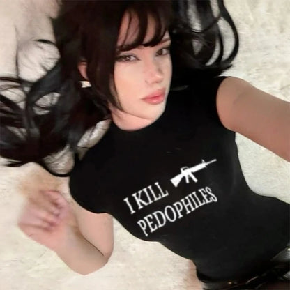 Grunge Punk Hip Hop Y2K Womens T-Shirt Short Sleeve Sexy Slim Chic Fashion Printed Crop Top Gothic Harajuku Emo Girls Streetwear