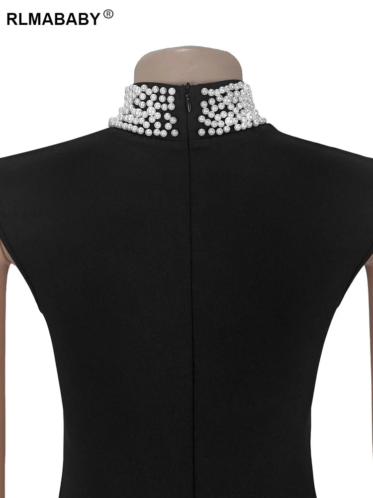 RLMABABY Elegant Splice Ruched Women Black Gown Long Bodycon Dress Pearl Stand Collar Sleeveless Club Party Sheath Maxi Dress