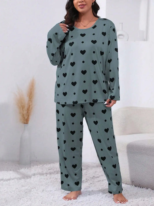 Plus Size Women's Heart Print Long Sleeve T-Shirt And Pants With Elastic 2pc Pajama Set,Women Round Neck Top and Trouser Pajama