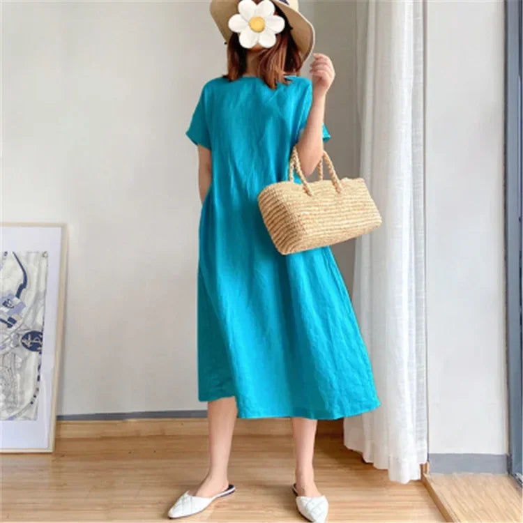 New in Spring Summer Women's Dress Elegant Casual Loose Short Sleeve Tops A-LINE Oversize Solid Midi Dresses for Women Clothing Badiee Stylez