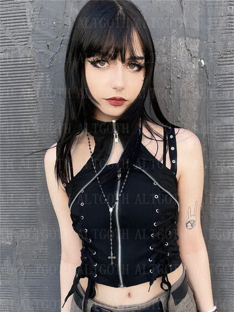 Y2k Dark Punk Gothic Corset Vest Women 2024 High Waist Bandage Crop Tank Tops Streetwear Emo Alt Harajuku Halter Rave Outfits