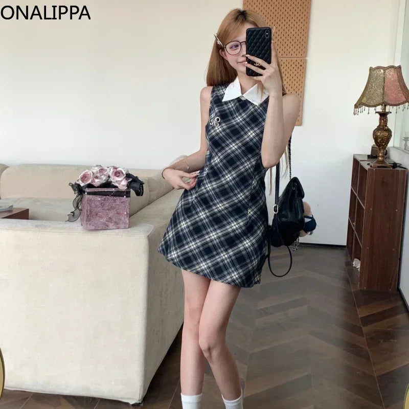 Onalippa Vintage Plaid Mini Dress Women Waist Belt Polo Collar Sleeveless A Line Dresses High Street Contrast Vestidos