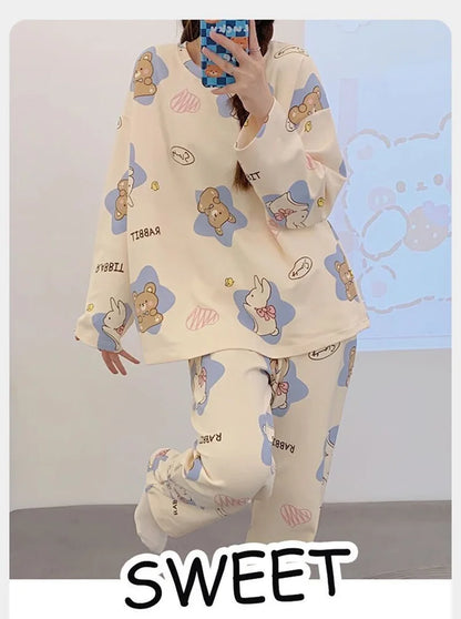 Women's Pajamas Two-Piece Casual Cute Comfortable Sleepwear Homewear Set Tops and Trousers Nightwear Lounge Wear Autumn Winter