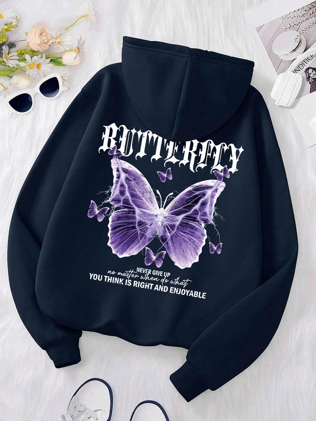 Beautiful Purple Butterfly Printing Hoodies Women Fleece Pocket Hoody Simple Casual Hoodie Autumn Loose Female Streetwear Dark Blue