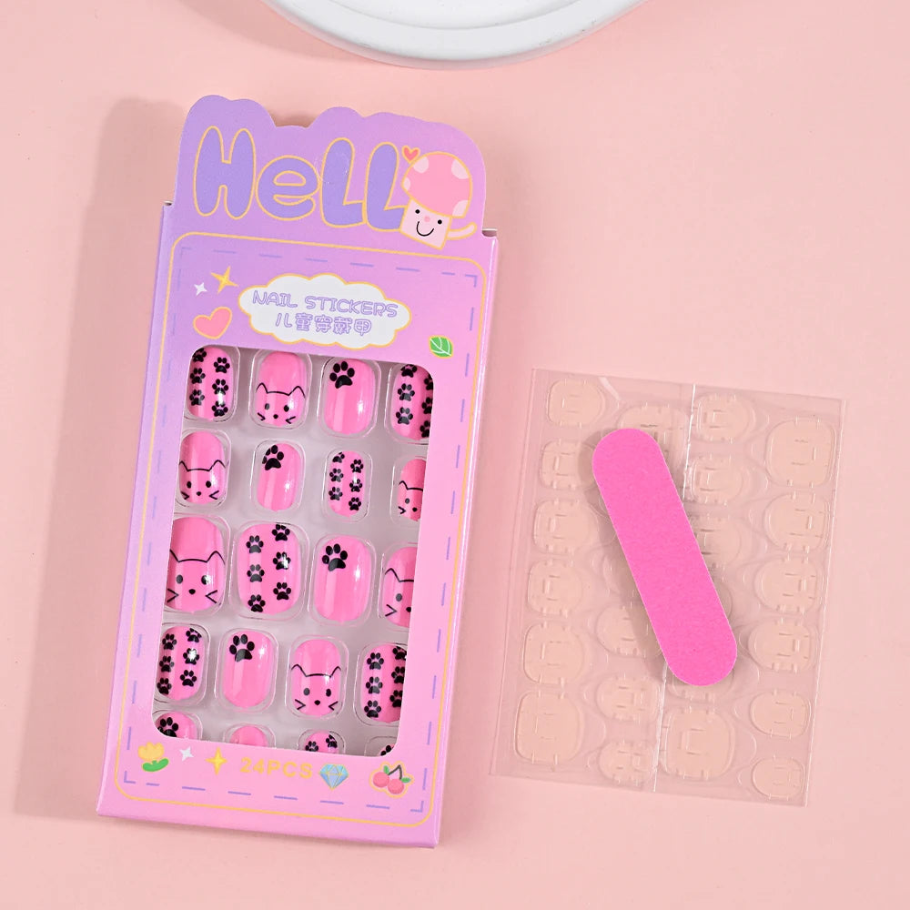 24Pcs Children Cartoon Nail Tips Colorful Cute Rabbit Pink Stars 6-14 Years old Girl Fake Nail With Jelly Glue Kids False Nail TC0044-2