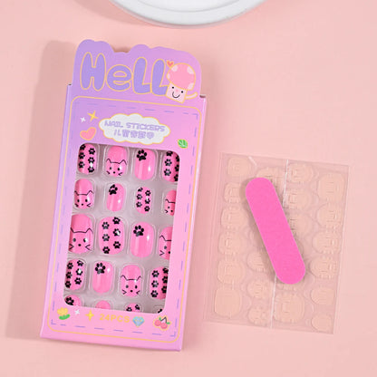 24Pcs Children Cartoon Nail Tips Colorful Cute Rabbit Pink Stars 6-14 Years old Girl Fake Nail With Jelly Glue Kids False Nail TC0044-2