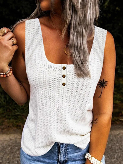 Solid Color Knitted U-Neck Vest Women's Summer Sleeveless Button T-Shirt Casual Tank Top White