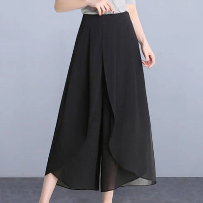 High Waist Pants See-through Chiffon Trousers Chic Women's Chiffon Skirt Pants Double Layered Wide-leg Mid-calf Cropped for A