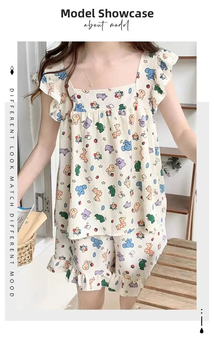 Summer Spwear Women's 2025 New Japanese Sle Fre Vest orts Woven Cotton Thin Home Clothes Set Sweet Print ort Pants