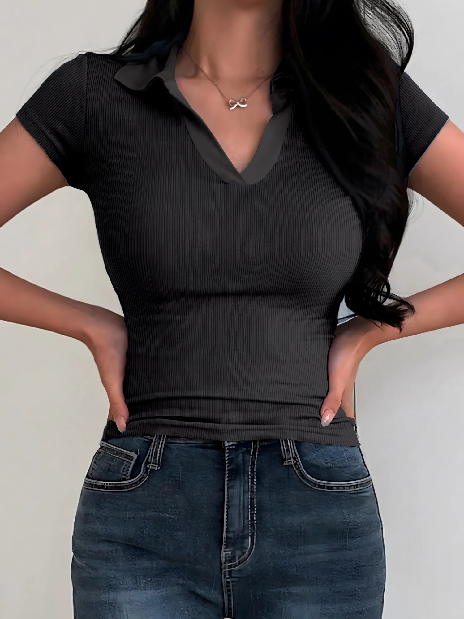 Summer Women's Color Collision POLO Shirt Slim Casual Solid Color Women's Tops Home Workwear V-neck Short-sleeved T-shirt Female