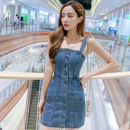 Denim Dress Summer Spaghetti Strap Sundress Vintage Casual Solid Retro Chic Sexy Jeans Button Front Blue Party Dress Women 2022 Blue