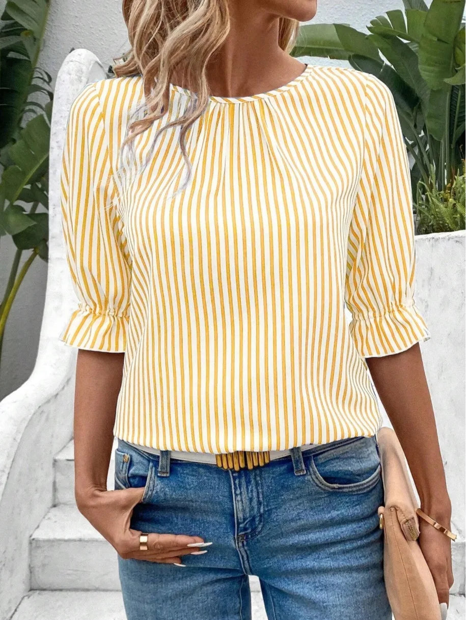 Women's Blouses Summer New Fashion Blue Striped Button Folds O Neck Short Sleeve Pullover Tops Elegant Casual Shirts For Women Yellow