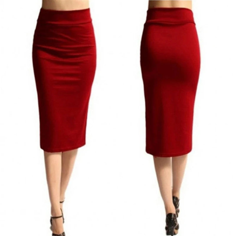 Women Skirt Bodycon Skirt Office Female Slim Knee Length High Waist Stretch Sexy Pencil Skirts Jupe Femme Red