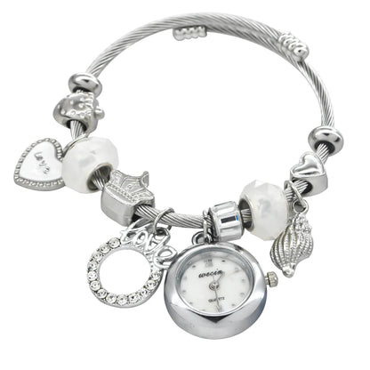 Fashion Women's Bracelet Watch Love with stylish decor refined round quartz watch silvery casual elegance