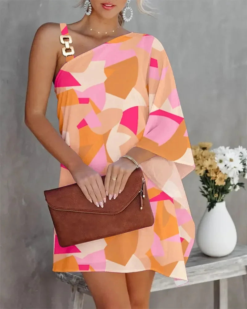 Summer Commuter Women's S-2XL size Dress One Line Diagonal Neck Off Shoulder Solid Color and PrintedMetal Strap Bat Sleeve Pink