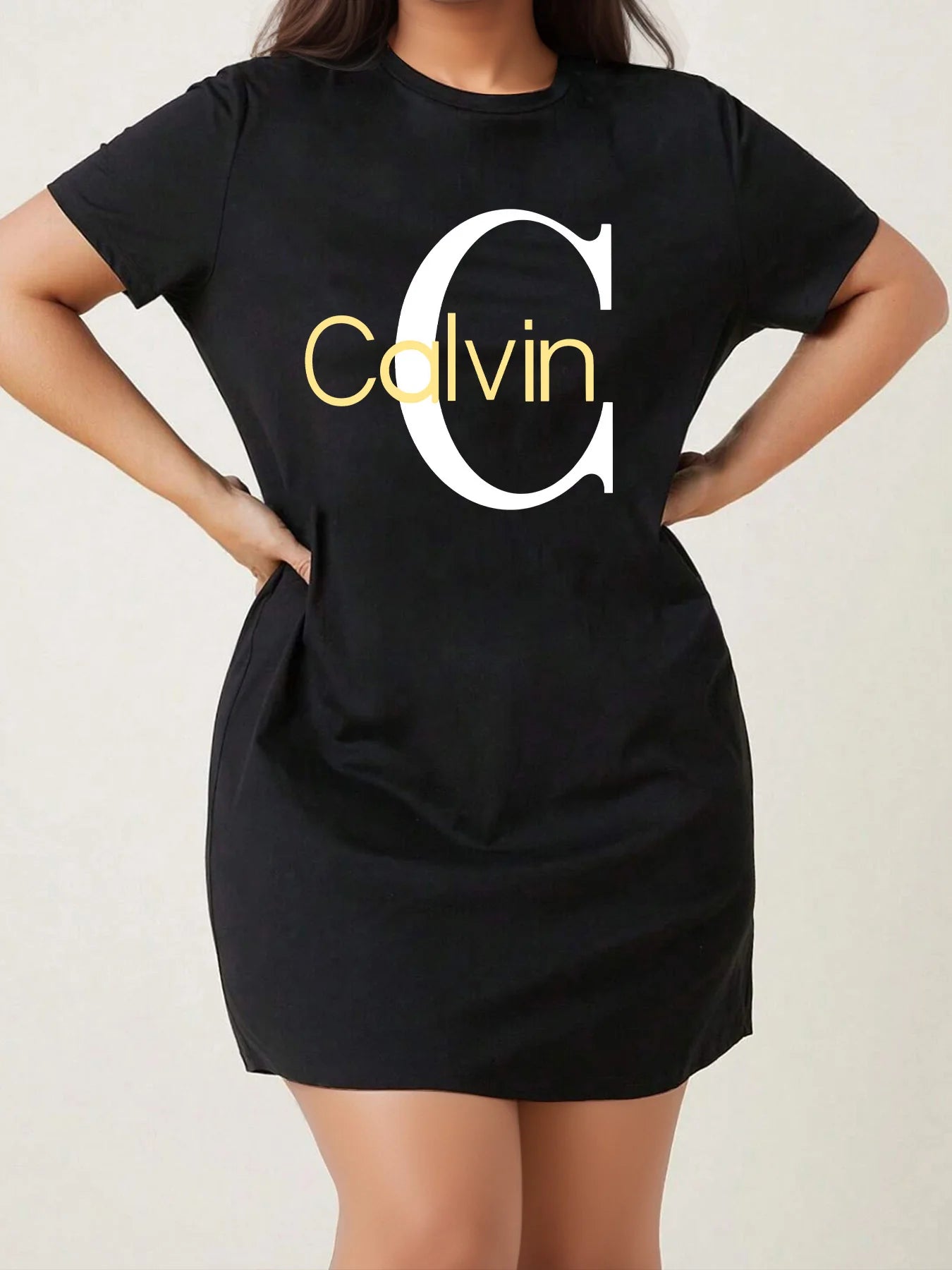 Plus Size Calvin Women's Breathable T-Shirt Dress Slim Fit Knee-Length Round Neck Casual Summer Dress with Bold Yellow Lettering CDXQ-206