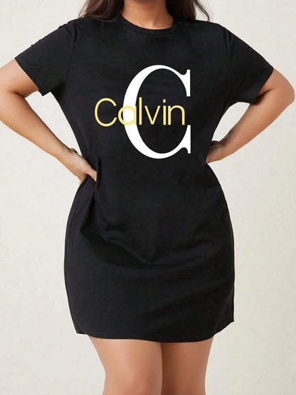 Plus Size Calvin Women's Breathable T-Shirt Dress Slim Fit Knee-Length Round Neck Casual Summer Dress with Bold Yellow Lettering CDXQ-206