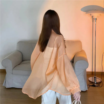 Semi Sheer Long Sleeve Shirt for Women Shimmer Button Down Collared Plain Lightweight Shirt Spring Summer Chic Tops Outfit