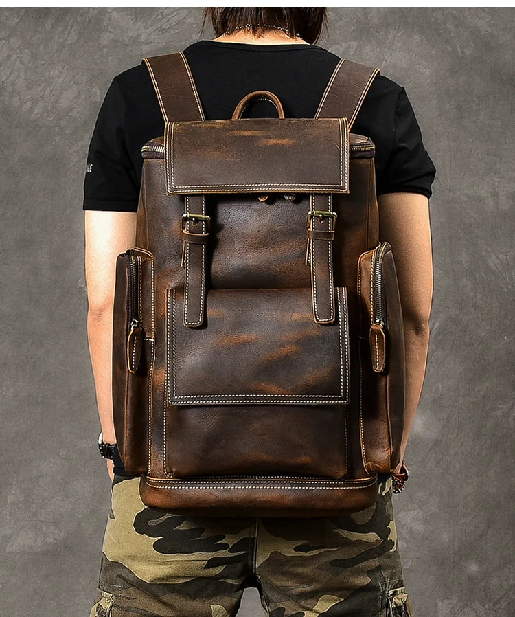 Vintage Crazy Horse Genuine Leather Backpack Men Leather Bagpack Climbing Rucksack male Large Hiking Backpack M814