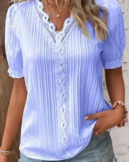 Sexy V Neck Patchwork Blouse Shirts Summer Female Short Lantern Sleeve Holiday Loose Blouse Tops SZE-ST23053 Light Purple