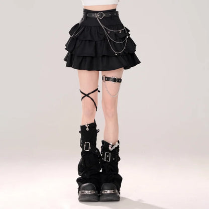 Women Black Gothic A-line Cake Skirt Vintage Y2k Skirt Aesthetic Harajuku Korean Elegant Kawaii Emo Skirts 2000s Trashy Clothes Black and belt
