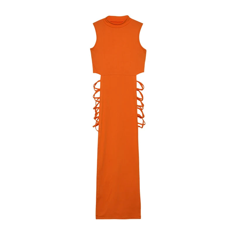 Criss Cross Cut Out Dress, Sexy Bodycon Mock Neck Sleeveless Dress, Women's Clothing Orange