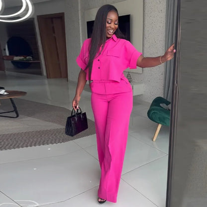 Women's Two-piece Set Spring Summer New Style Lapel Short-sleeved Shirt High Waist Wide Leg Trousers Casual Suit Women Clothing