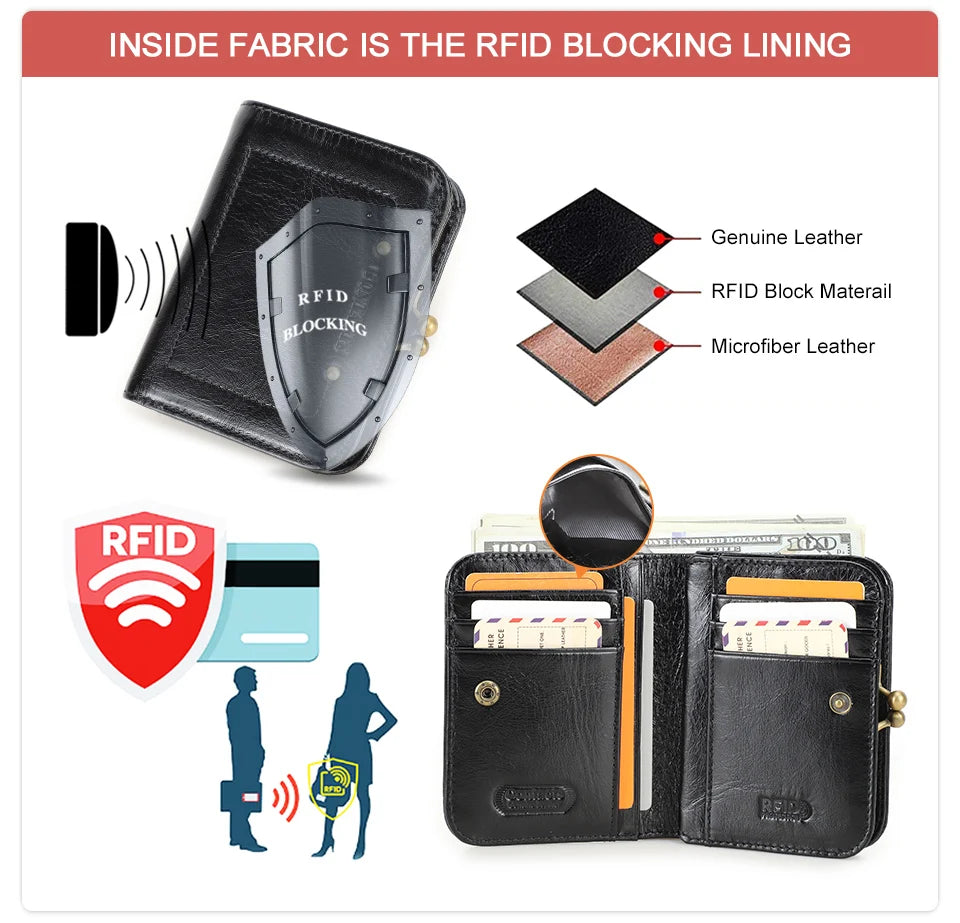 CONTACT'S Genuine Leather Short Wallets for Women Kiss Lock Classic Wallet Metal Frame Coin Purses Card Holder Money Clip Bags