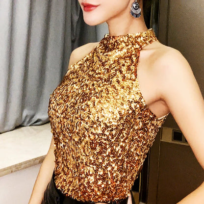 Sequins Women Fashion Shimmer Flashy Embellished High Quality Halter Neck Sleeveless Vest Sexy Tank Top Clubwear Stage Perform Gold One Size