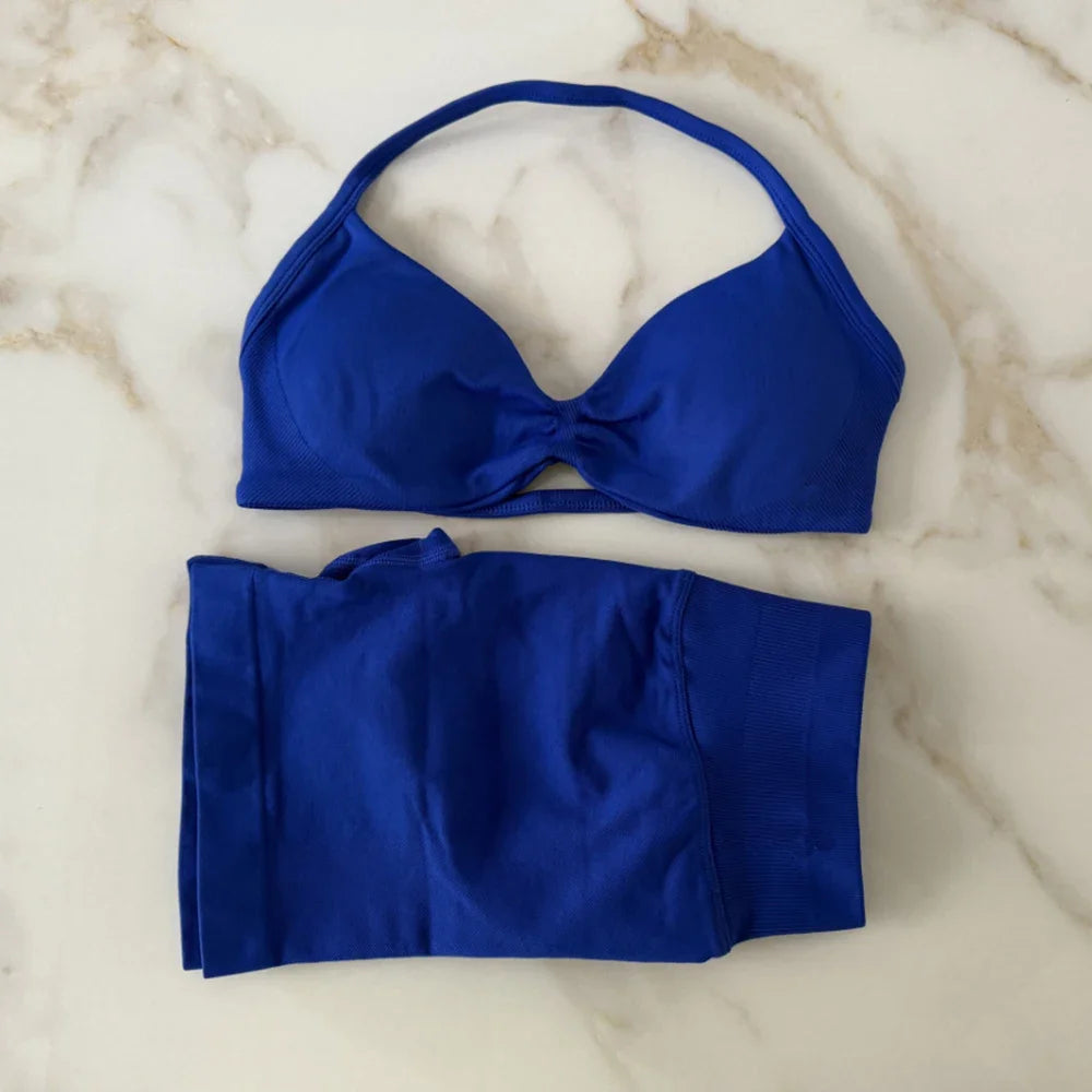 Impact Gym Set Women Two Piece Strappy Yoga Bra Top Workout Scrunch Shorts Suit Fitness Clothes Seamless Sportswear Workout Set Deep Blue