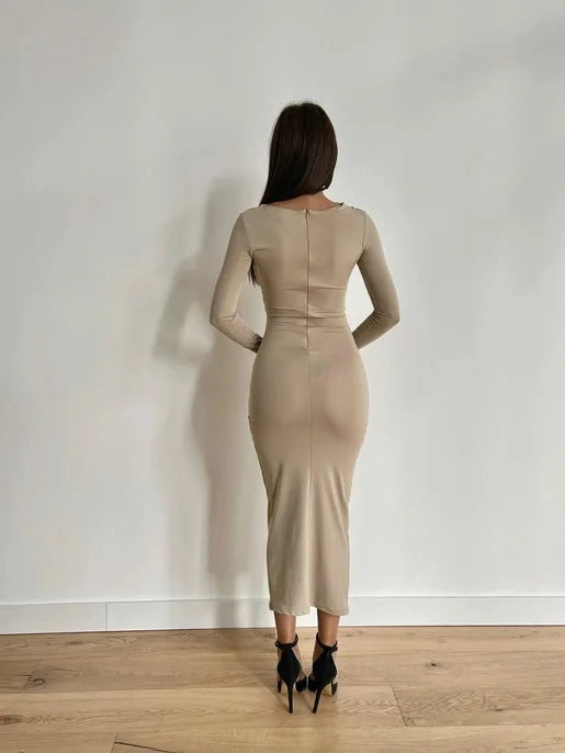 Sexy Bodycon Long Sleeve Midi Dress Women 2024 Autumn Slim Solid Party Package Hip Elegant Dresses For Women Robe Femme