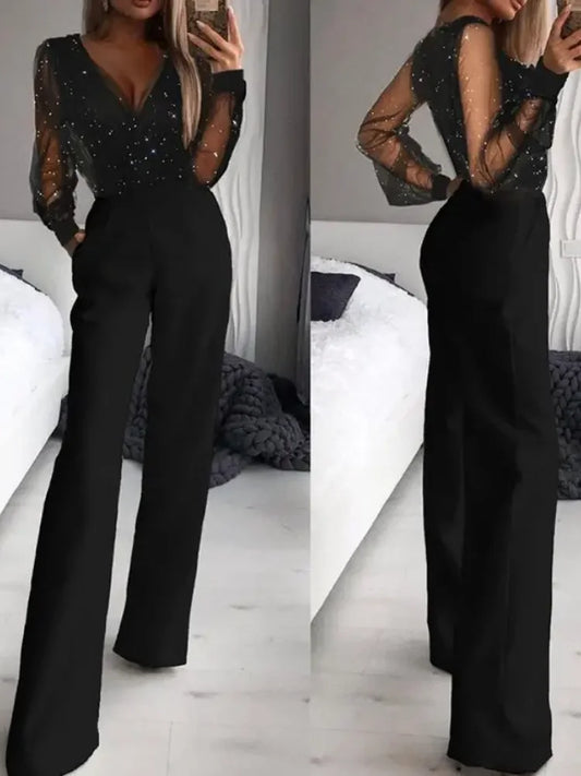 Elegant Jumpsuit Women Spring Fashion Glitter Print Sexy V-Neck Long Sleeve Casual Contrast Mesh Pocket Straight Leg Jumpsuit Badiee Stylez