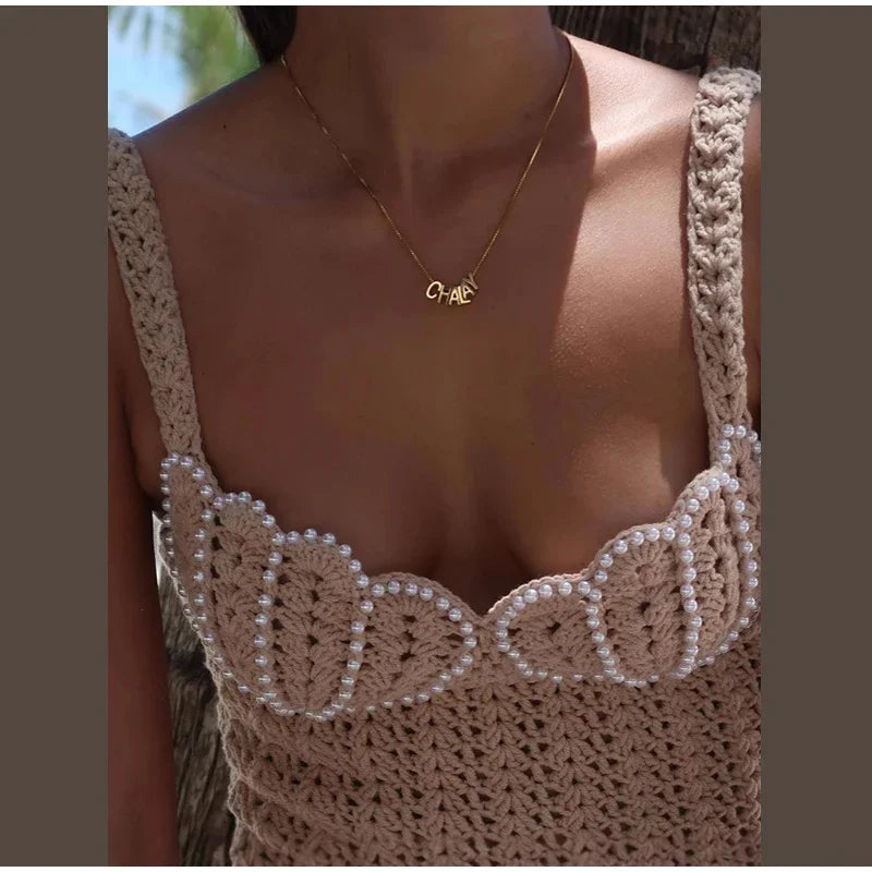 Elegant Knit Women's Summer Dress Elegant Pearl Decoration Square Collar Sleeveless Female Short Dresses Chic Ladies Beach Robe