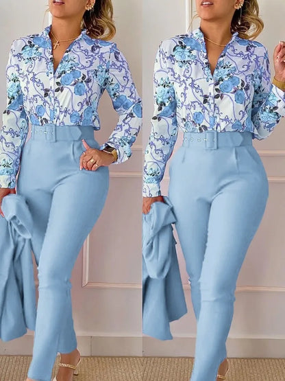 Elegant Women Printed Two Piece Suit Sets Spring Autumn V Neck Long Sleeve Shirt Top & Long Pants Set With Belt Workwear Outfits SKY BLUE CHINA