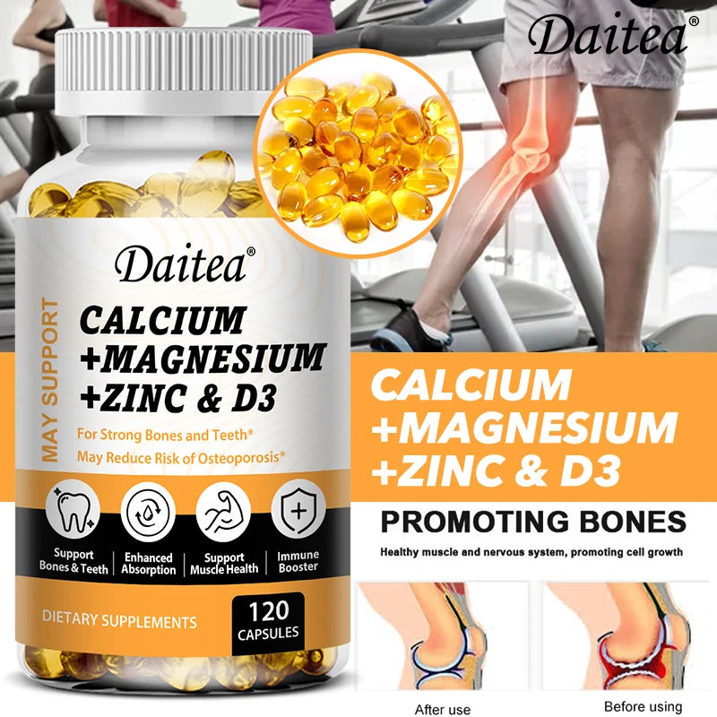 Daitea Calcium Magnesium Zinc Capsules Vitamin D3 helps support bones, teeth, heart, and enhance immune system function.