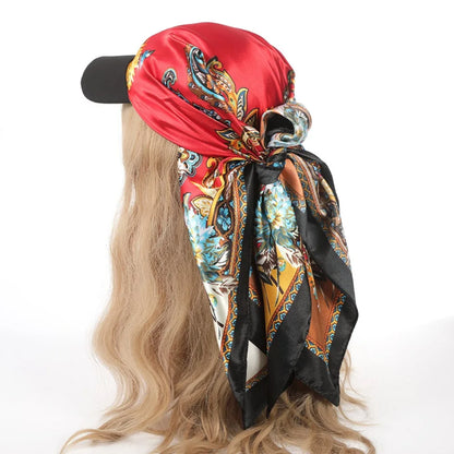 Outdoor Satin Silk Headscarf Hat with Brim 2-in-1 Sun Hat and Headband Elegant Printed Square Scarf Cap Red