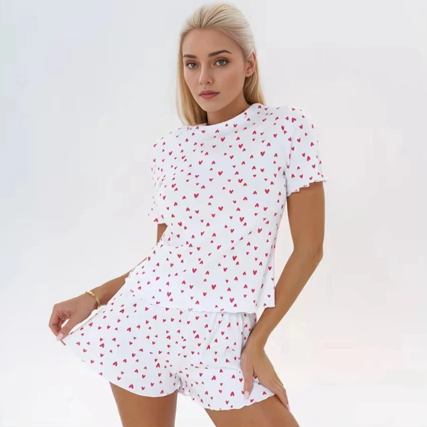 Womens Cute Heart Print Pajama Set Two Piece Short Sleeve Crop Top Ruffle Shorts Sleepwear Loungewear Casual Summer Nightwear ﻿