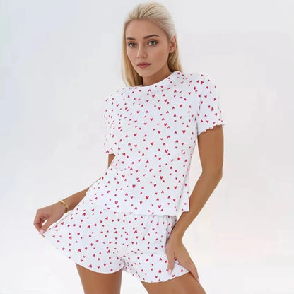 Womens Cute Heart Print Pajama Set Two Piece Short Sleeve Crop Top Ruffle Shorts Sleepwear Loungewear Casual Summer Nightwear ﻿