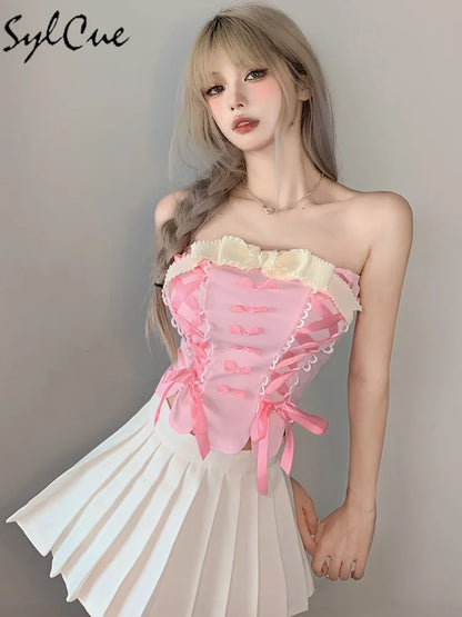 Sylcue Pink Sweet Cool Sexy Tight All-Match Femininity Charm Gorgeous Outer Wear Women'S Street Personality Drawstring Vest