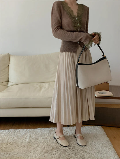 High-fashion Kawaii Botton Up Lace Patchwork Knitted Cardigan Women Autumn Winter Ladies Elegant Vintage Sweater Cheap Wholesale